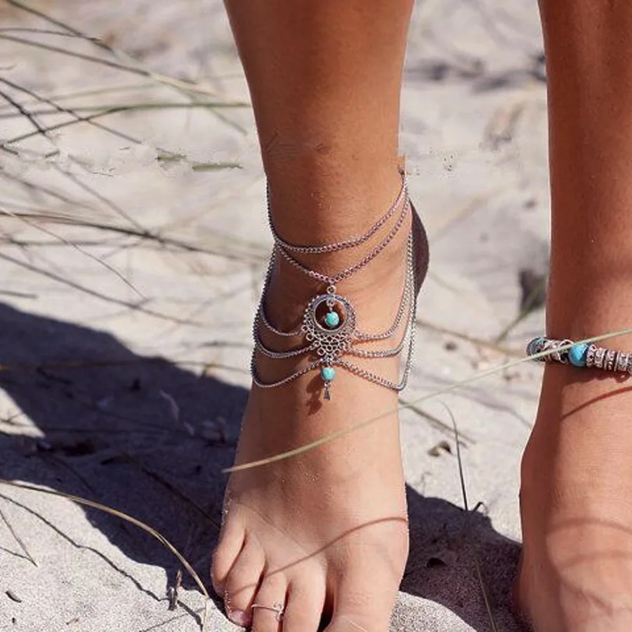 

Retro Ethnic Style Hollow Turquoise Water Drop Anklet Foot Ornaments Female Summer Beach Party Jewelry Accessories Women Anklets