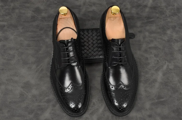 Men Bullock carved Oxford black red wine pointed toe lace up flat formal shoes Genuine leather party wedding | Обувь