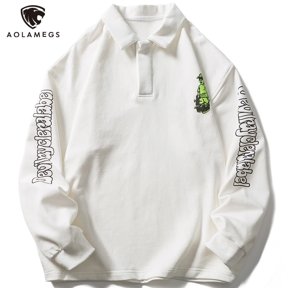 

Aolamegs Sweatshirts Men Letter Cute Character Printed Polo Pullover Couple High Street Harajuku Streetwear Autumn Casual Hoodie