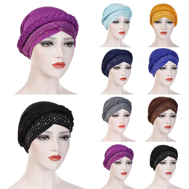 

Muslim Women Braid Cross Drill Milksilk Turban Hat Cancer Chemo Indian hat Beanies Cap Female Headwear Headwrap Hair Accessories