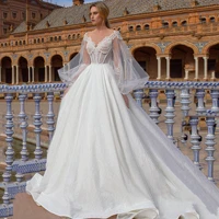 thinyfull long puffy sleeve bustier corset wedding dress sheer neck a line bride dresses appliques vestido de novia 2020