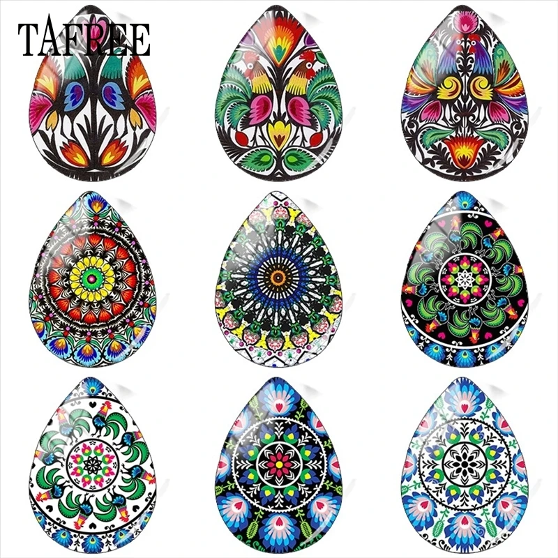 

TAFREE Poland Polish Folk Art Flowers Patterns Tear Drop vintage Glass Cabochons 18x25mm Making Accessories