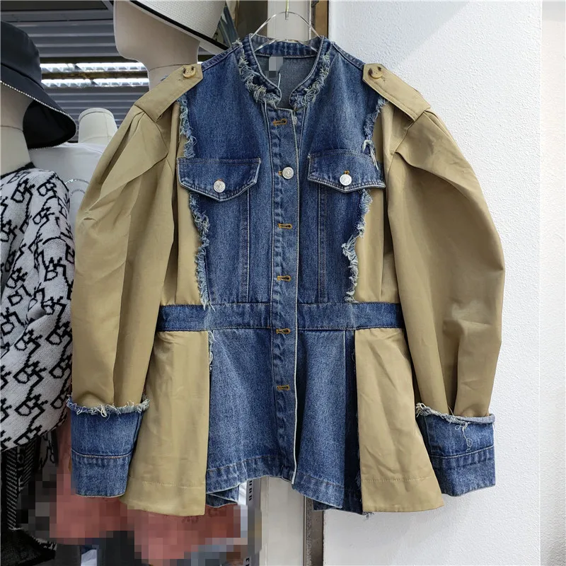 

Autumn New Product Fashionable Camel Lantern Sleeve Stitching Three-dimensional Denim Waist Slimming Jacket Women's Jacket Women