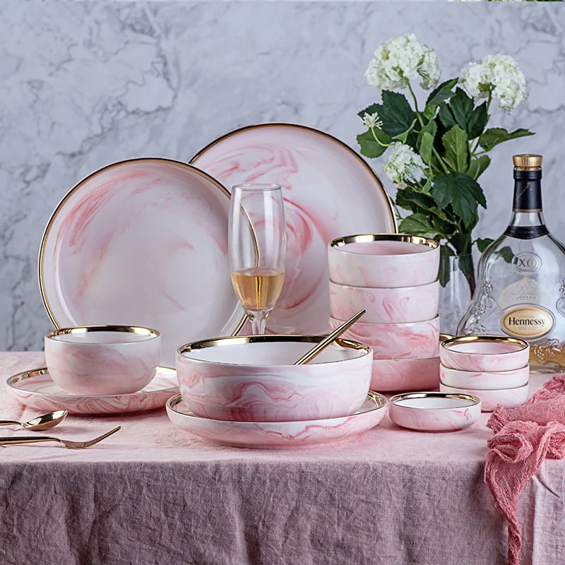 

1pc Pink Phnom Penh Marble Ceramic Tableware Bowl Plate Creative Ins Rice Salad Noodles Dish Soup Spoon Dinnerware Sets