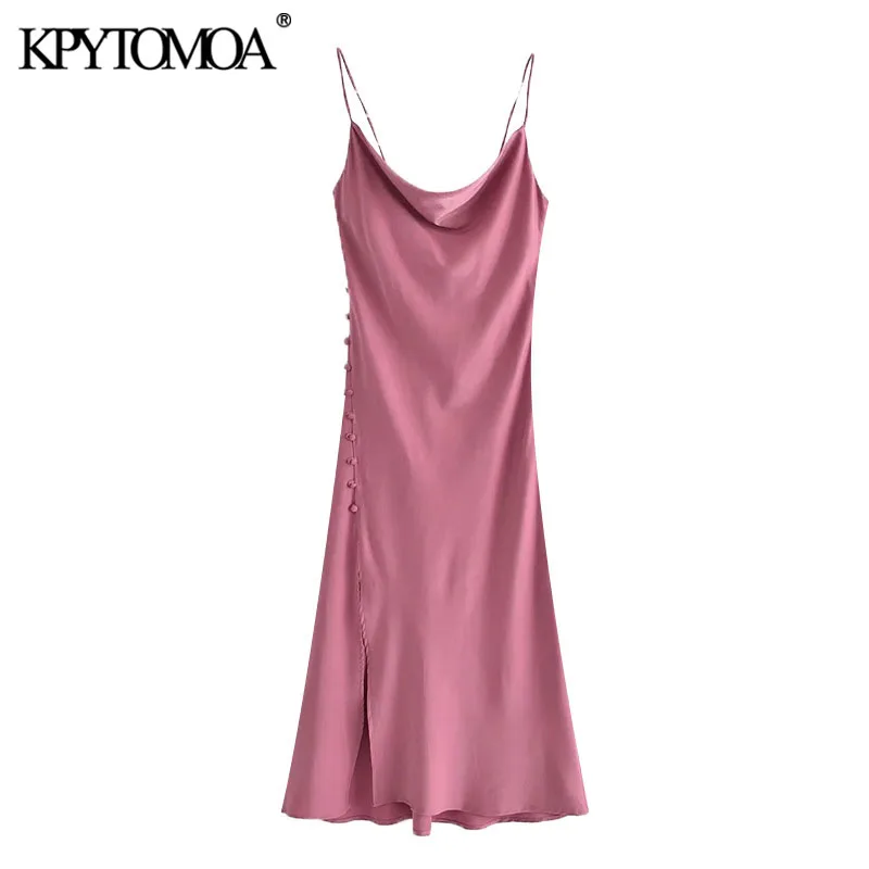 KPYTOMOA Women Chic Fashion Side Buttons Silt Cozy Midi Camisole Dress Vintage Backless Thin Straps Female Dresses Mujer | Женская