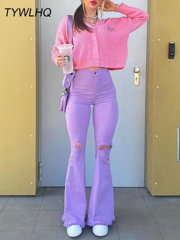 Streetwear Y2k Flared Jeans Women High Waist Fashion Purple Stretch Baggy Mom Jeans Wide Leg Pants Elegant Denim Trousers 90S