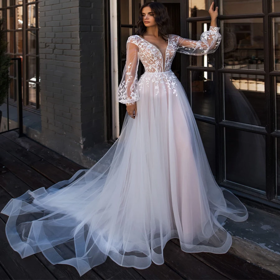 

Boho Wedding Dresses Puff Long Sleeves Sheer Lace Scoop Neck A-Line Appliques Floor Length Bride Dress Princess Wedding