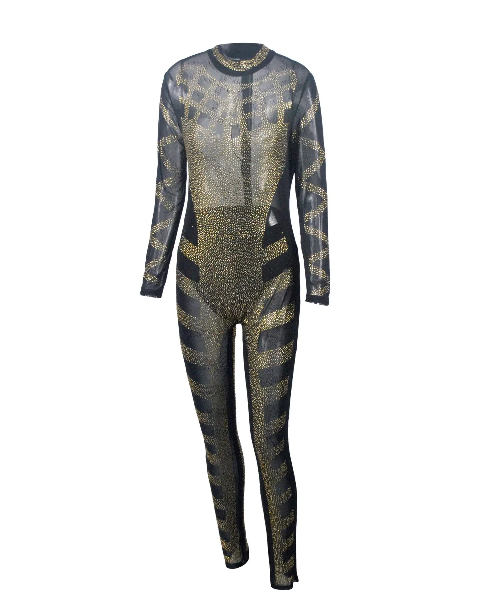 

Rhinestone Sparkly Jumpsuit Women Turtleneck Long Sleeve Mesh Romper Sexy Sheer Birthday Nightclub Bodycon Party Overalls