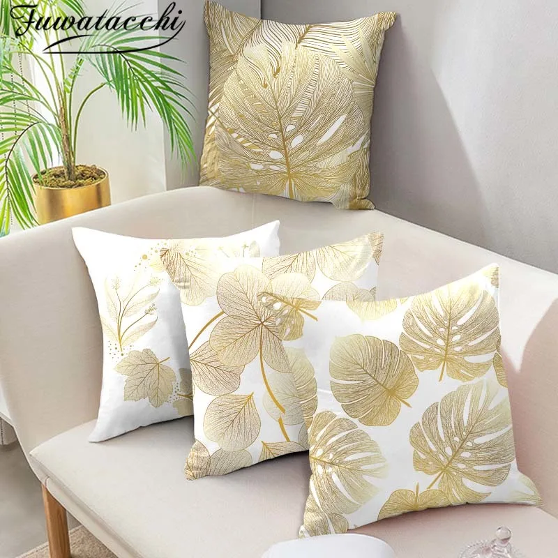 

Fuwatacchi Golden Leaves Cushion Cover Yellow Geometric Throw Pillows Covers for Home Sofa Chair Decorative Pillowcases 45*45cm
