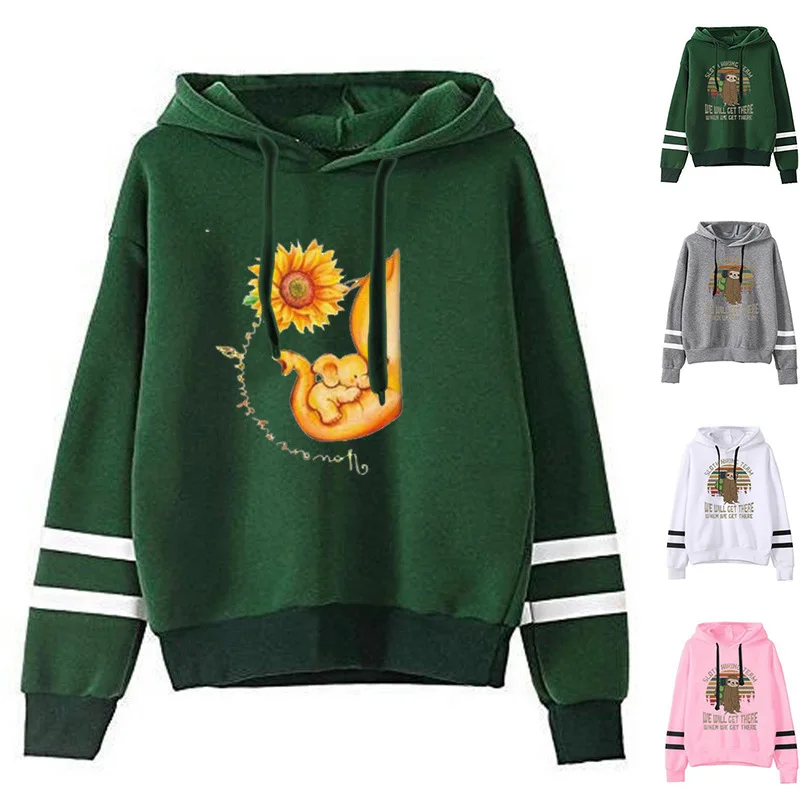 

Women Hoodie Elephant Sunflower Printed Hoodies Women Double Striped Long Sleeve Fleece Sweatshirt with Hat Girls Pullovers