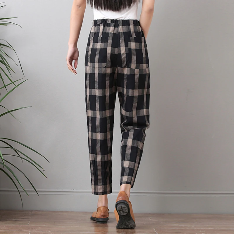 Женские клетчатые штаны шаровары из хлопка и льна толстые брюки 2019 фунтов cc1053