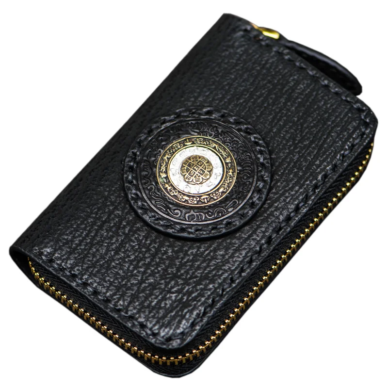 

Women Men Brass Key Zipper Black Genuine Leather Wallet Interior Shark Skin Bag Clutch Purse Keys Holders Coin Purses