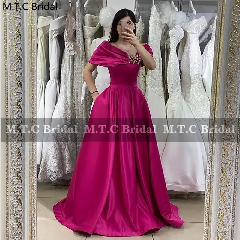 

Fuchsia Long Formal Prom Gowns Off The Shoulder A Line Pockets Elegant Women Wedding Party Special Occasion Evening Gowns