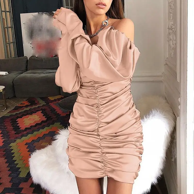 Autumn Women Sexy Solid Off Shoulder Mini Dress Party Long Sleeve Backless Bodycon Wrap Pleated Short | Женская одежда