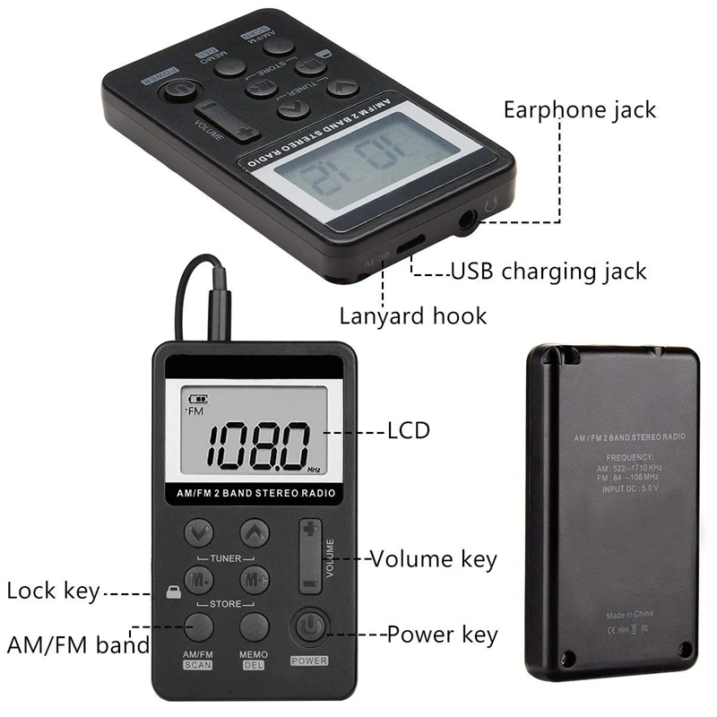 AM FM портативное карманное радио мини Цифровая настройка стерео с перезаряжаемой