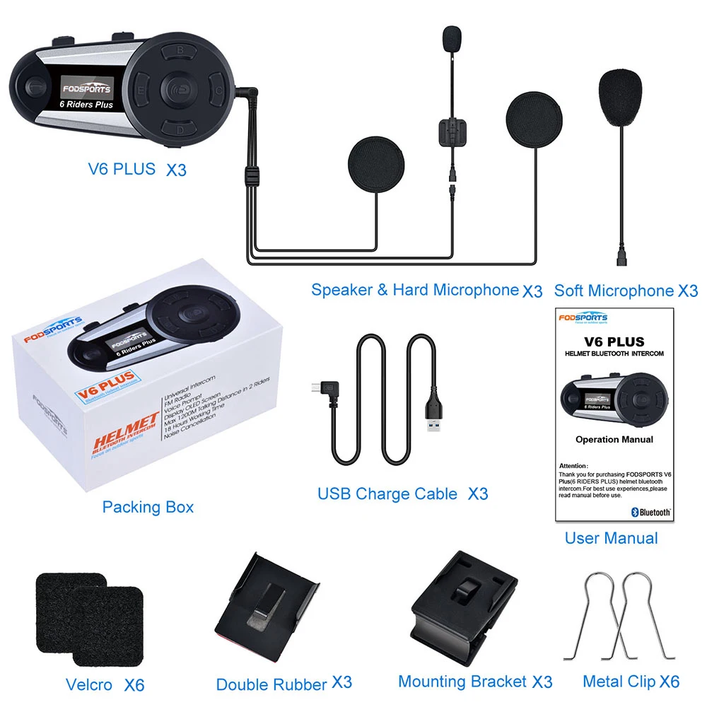 3pcs Fodsports V6 Plus мотоцикл мотошлем домофон Беспроводная bluetooth гарнитура LCD Экран