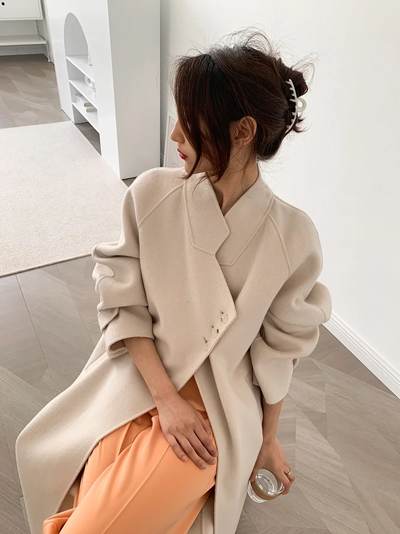 Gas field wild side buckle double-sided cashmere coat woolen coat female Korean version 21 new