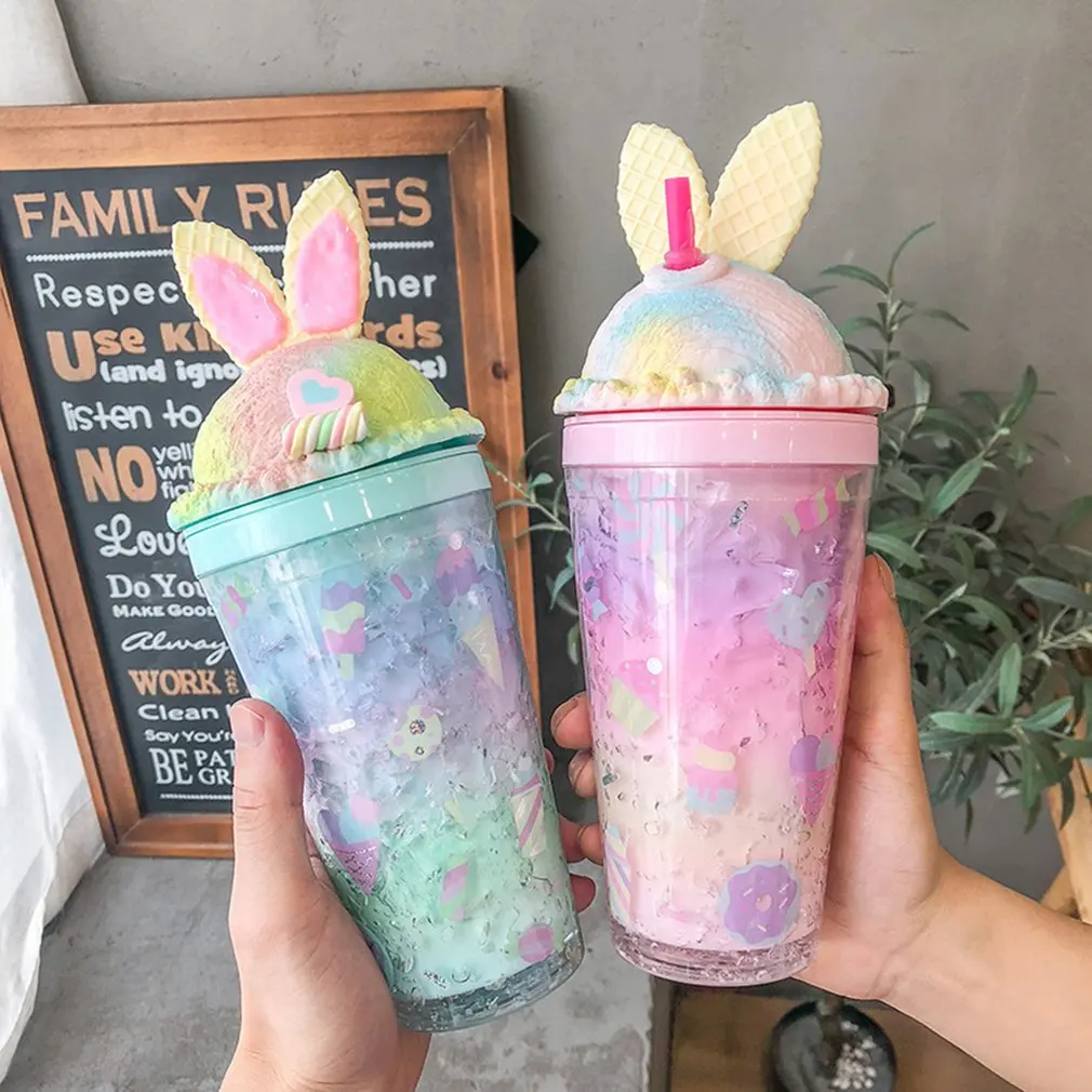 Hot Double Layer Colorful Rabbit Ear Plastic Water Bottle Large Capacity Portable student Pink Yellow Summer Straw Ice Cream Cup