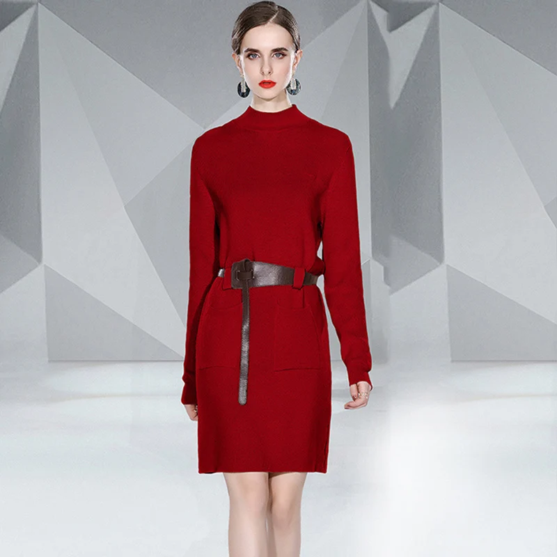 

Winter Long Sleeve Sweater Dress Women O Neck Solid Pocket Knitted Dress Office Lady Elegant High Waist Slim Belt Pencil Dress