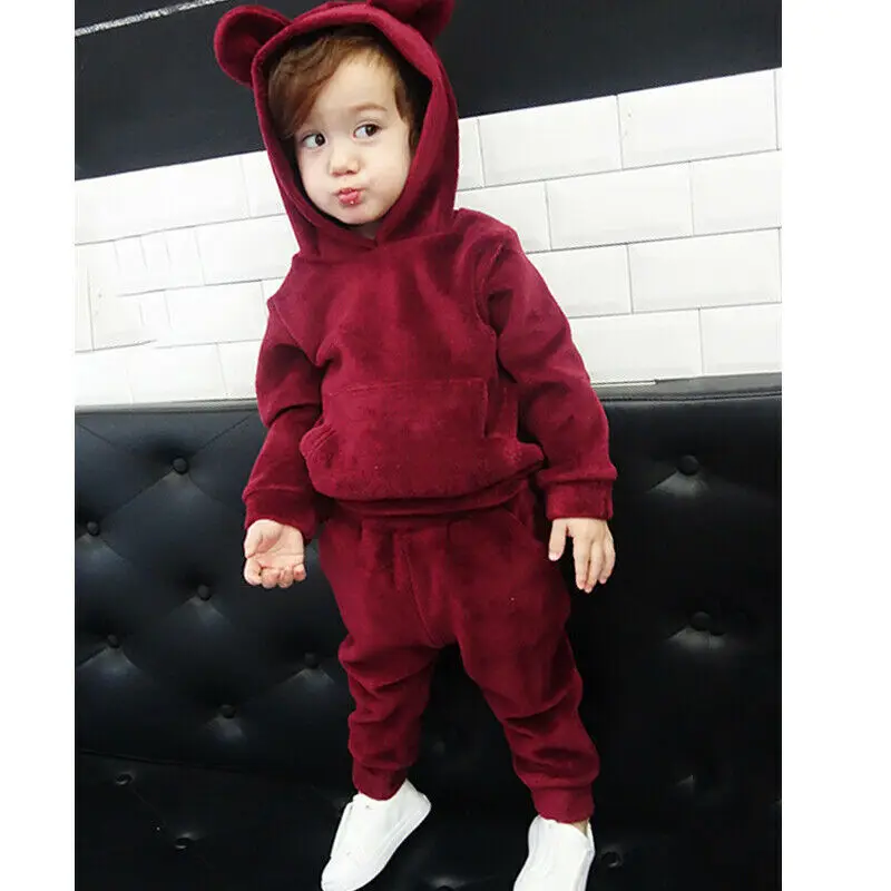 

2pcs Toddler Boy Girl Winter Clothes Velvet Hooded Tops+Pants Warm Outfits Set