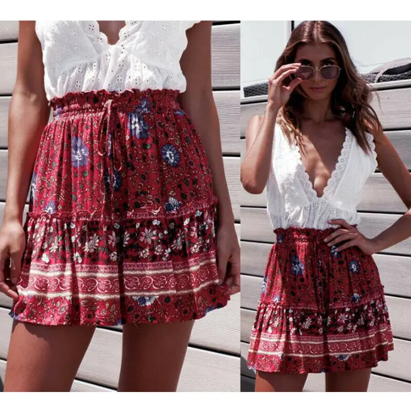 

Retro Women's Skirt Ladies Girls Denim Short Jean Summer Floral Print High Waist Mini A-Line Skirts