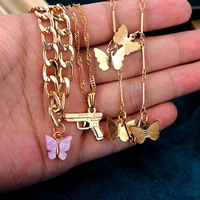 2020 fashion gold color pistol pendant necklace for women multilayer acrylic butterfly choker necklace punk hip hop jewelry