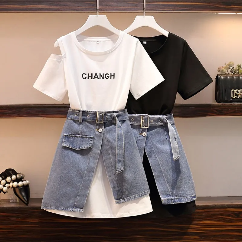 

women's 200-pound fat sister summer suit, female western style, thin fragrant denim skirt two-piece suit