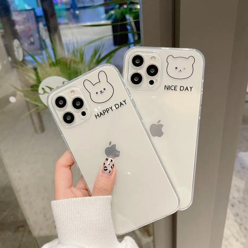 

INS Korea Funny Bear Rabbit Animal Cartoon Phone Case For iPhone 13 12 11 Xs MAX XR X 7 8 Plus Couple Clear Soft TPU Back Cover