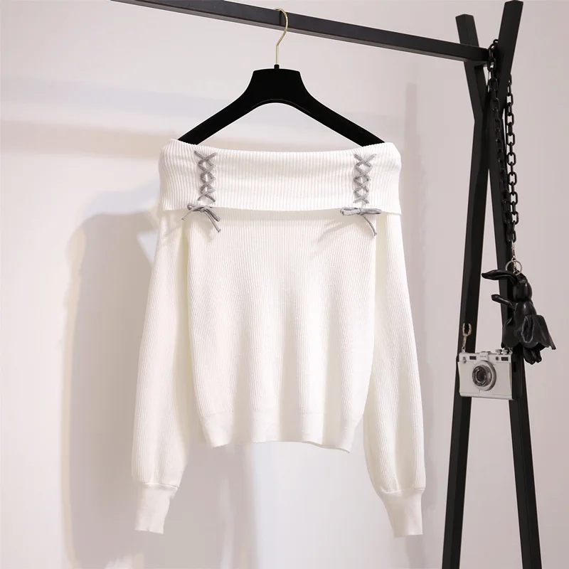 White sweater Кавайный розовый свитер на шнуровке с открытыми плечами, женский осенне-зимний вязаный свитер с длинным рукавом в стиле Лолиты, пуловеры, джемперы для девушек - Цвет: White sweater