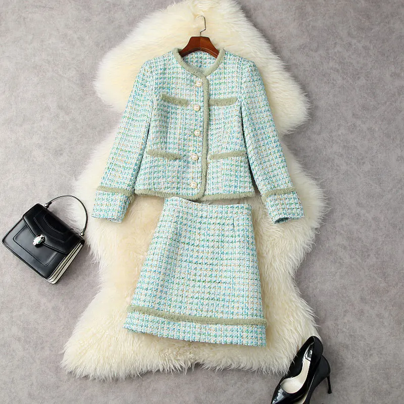 

Женский твидовый костюм из смесовой шерсти, короткое пальто и мини-юбка из кроличьего меха в клетку, в стиле пэчворк, зима-весна 2022
