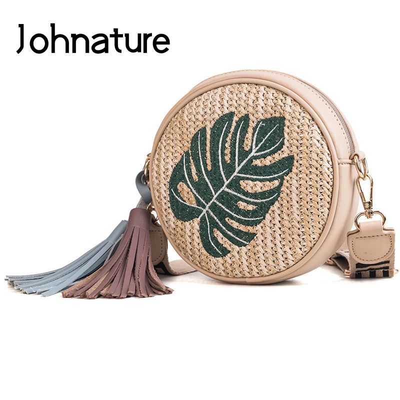 Женская круглая сумка мессенджер Johnature повседневная Плетеная соломенная через