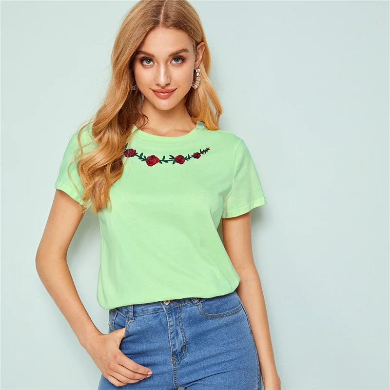 SHEIN женская футболка с вышитым цветочным принтом, женская одежда, топы, Повседневная летняя футболка с круглым вырезом и коротким рукавом