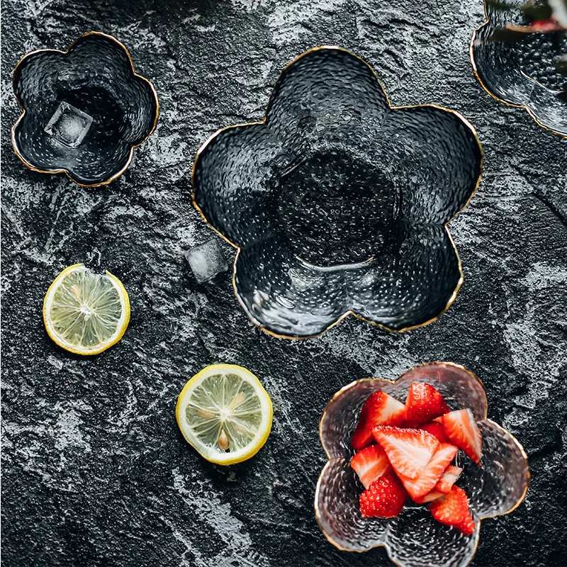 Роскошная стеклянная чаша с цветами Золотая инкрустация прозрачная серая