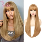 Парик SOKU Синтетический прямой блонд с челкой, для косплея, Длинные Прямые Шелковистые Светлые волосы с медовой бахромой, 28 дюймов