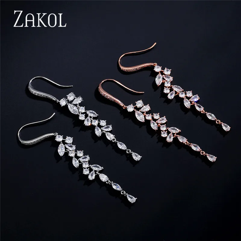 Новинка длинные серьги подвески ZAKOL с фианитами и кристаллами листьев для
