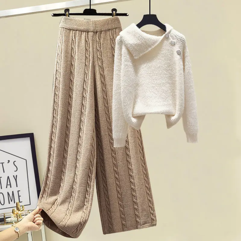 

Winter White Outfit Asymmetrical 2 Piece Sets Design Button Sweater Suit For Women ScrewThread Knitted Wide Leg Pants Tracksuit