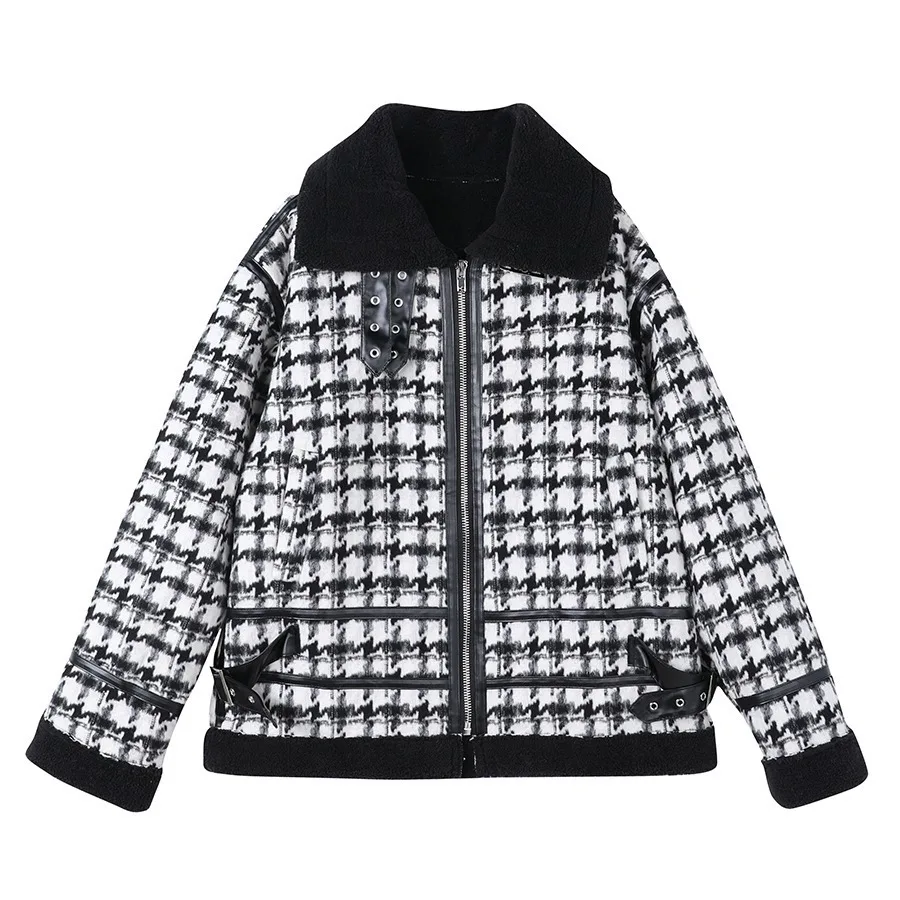 Plaid Lamb Fur Coats Black Warm Stand-up Collar Women Jackets Autumn Winter All-match Zipper Thicken Cropped Puffer Jacket