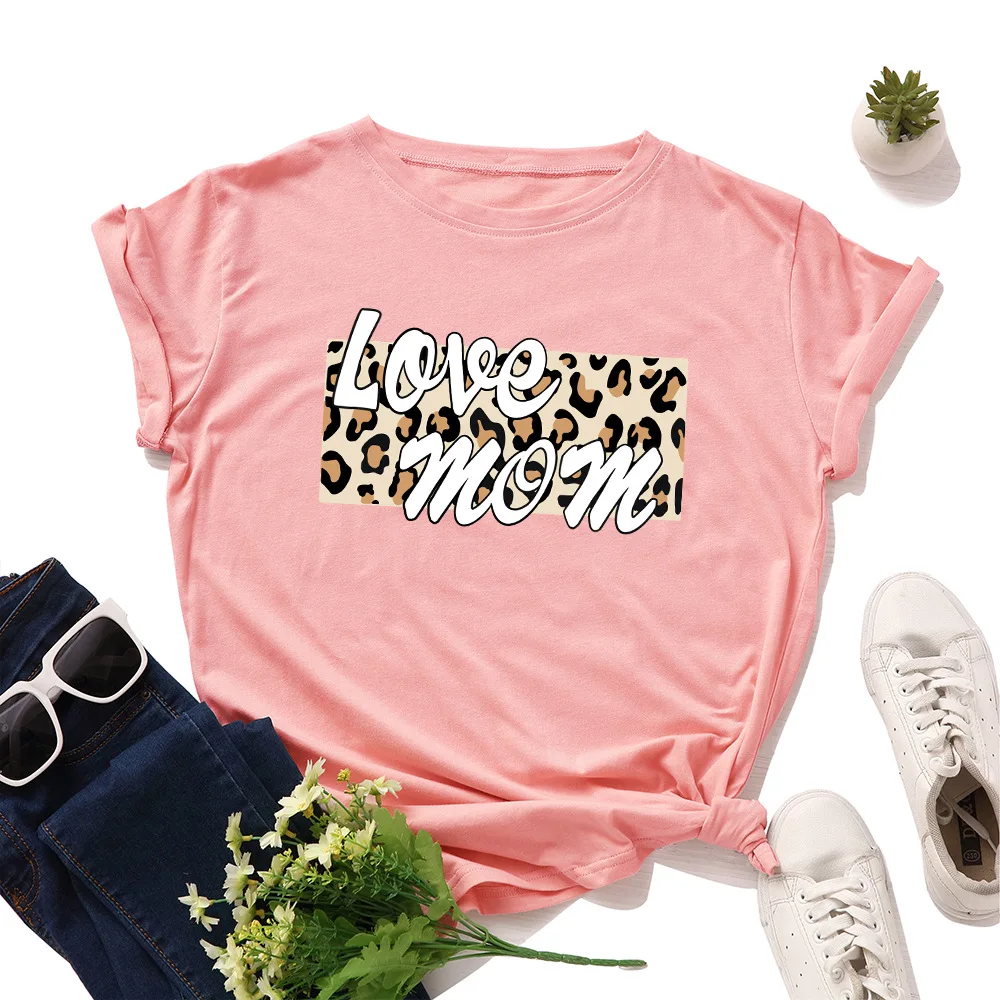 

Love Mom Letter Print T-shirt 2020 Summer Leopard Graphic Tee Shirt Ladies Tops Harajuku Short Sleeve Cotton Tshirt Plus Size
