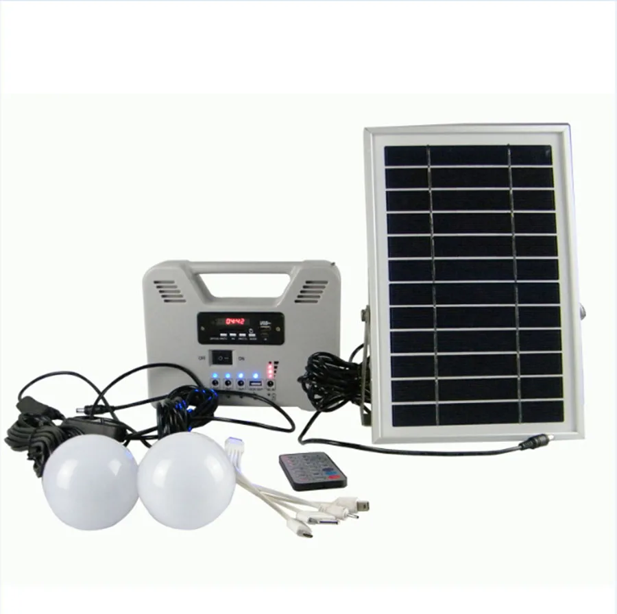 Portable Solar Power System with 2 lighting/MP3/Radio/Bluetooth/Remote Controller Box Charger for Mobile Phone & Other Charging