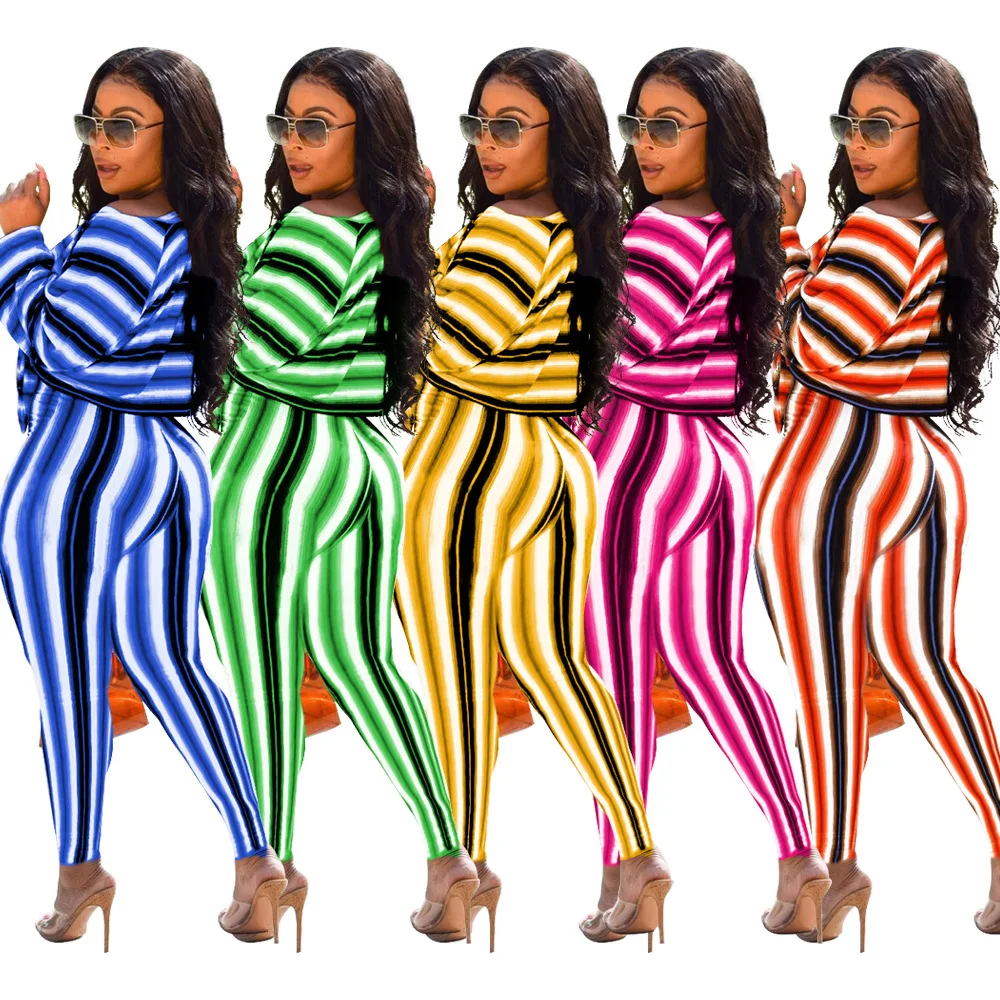 

2019 Autumn New Long Sleeve 2 Piece Outfit Set Striped Off The Shoulder Tying Women Set Tracksuits