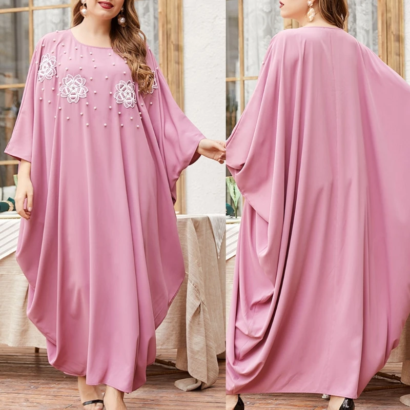 

24BC Women's Pink Casual Batwing Sleeve Floral Printed Dress Beads Loose Abaya Kaftan Ramadan Robes Moroccan Gowns