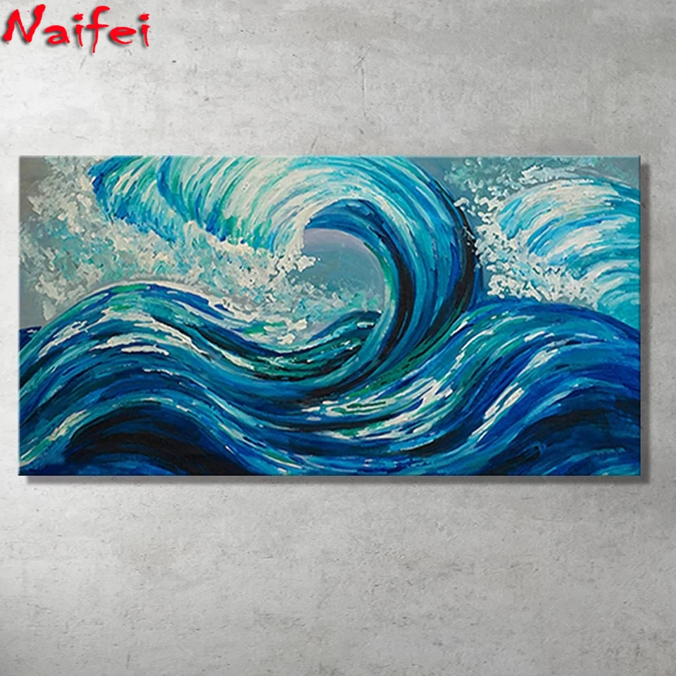 

100% алмазная живопись ручной работы с голубыми волнами океана, алмазная вышивка «сделай сам», большая картина с изображением Морского Пейза...