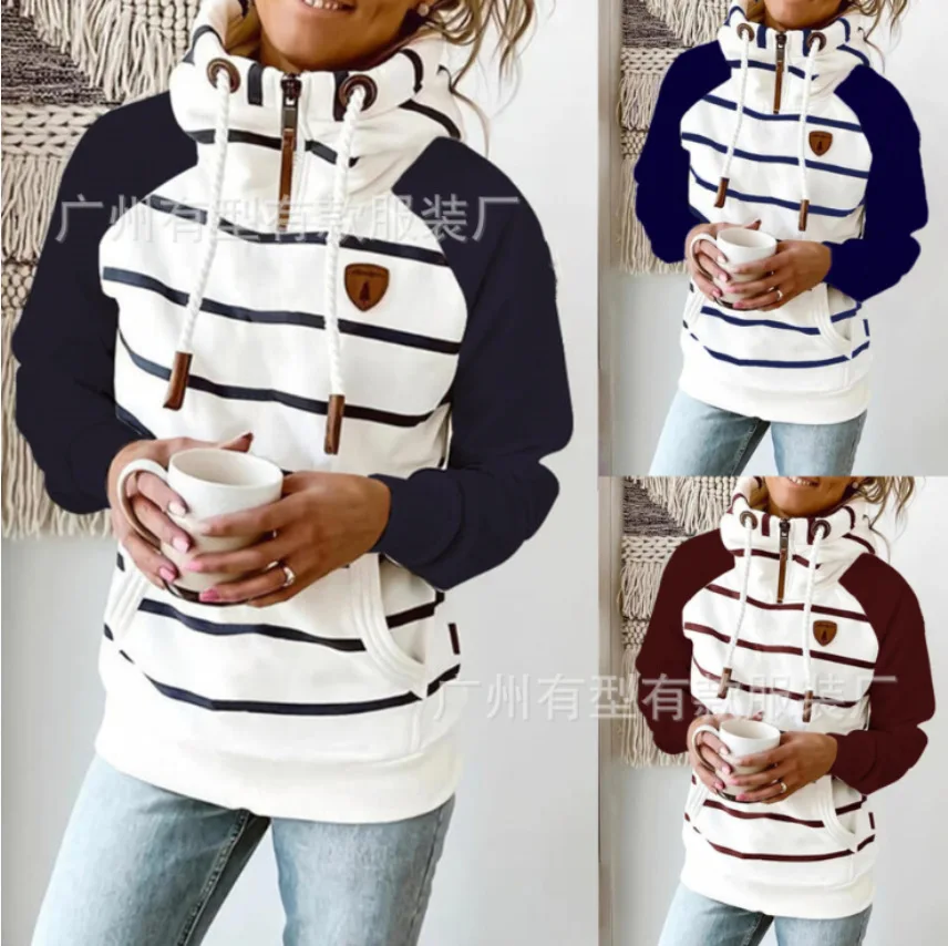 

2021 Fall/Winter Warm Tops Fashion Striped Color Blocking Long Sleeve Sweatshirt