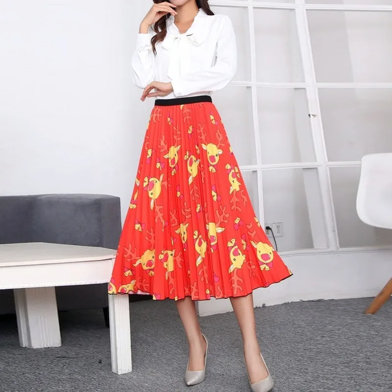 

Halloween Christmas Skirt Fashion Women Clothing Elastic Waist Pleated Skirt Printing Pleated Skirt