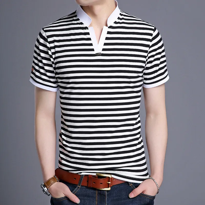 

Summer New Mens Striped Polo Shirts V Neck Short Sleeve Fashion Casual Shirt Slim Fit Cotton Soft High Quality Male