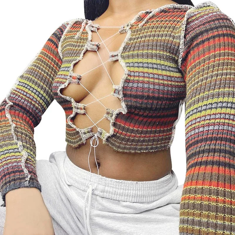 

Contrast Stripe Knitting Woman Fall Streetwear Chic Hollow Out Strappy Harajuku Crop Top Skinny Soft Tshirt Multicolor