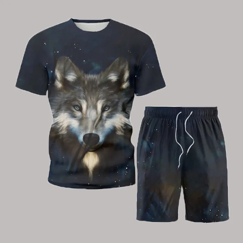 Summer T-Shirt Shorts Two-Piece Suit Animal Print 3D Wolf Head Short Sleeve Men Set Fashion Clothing Soft Comfortable Sportswear