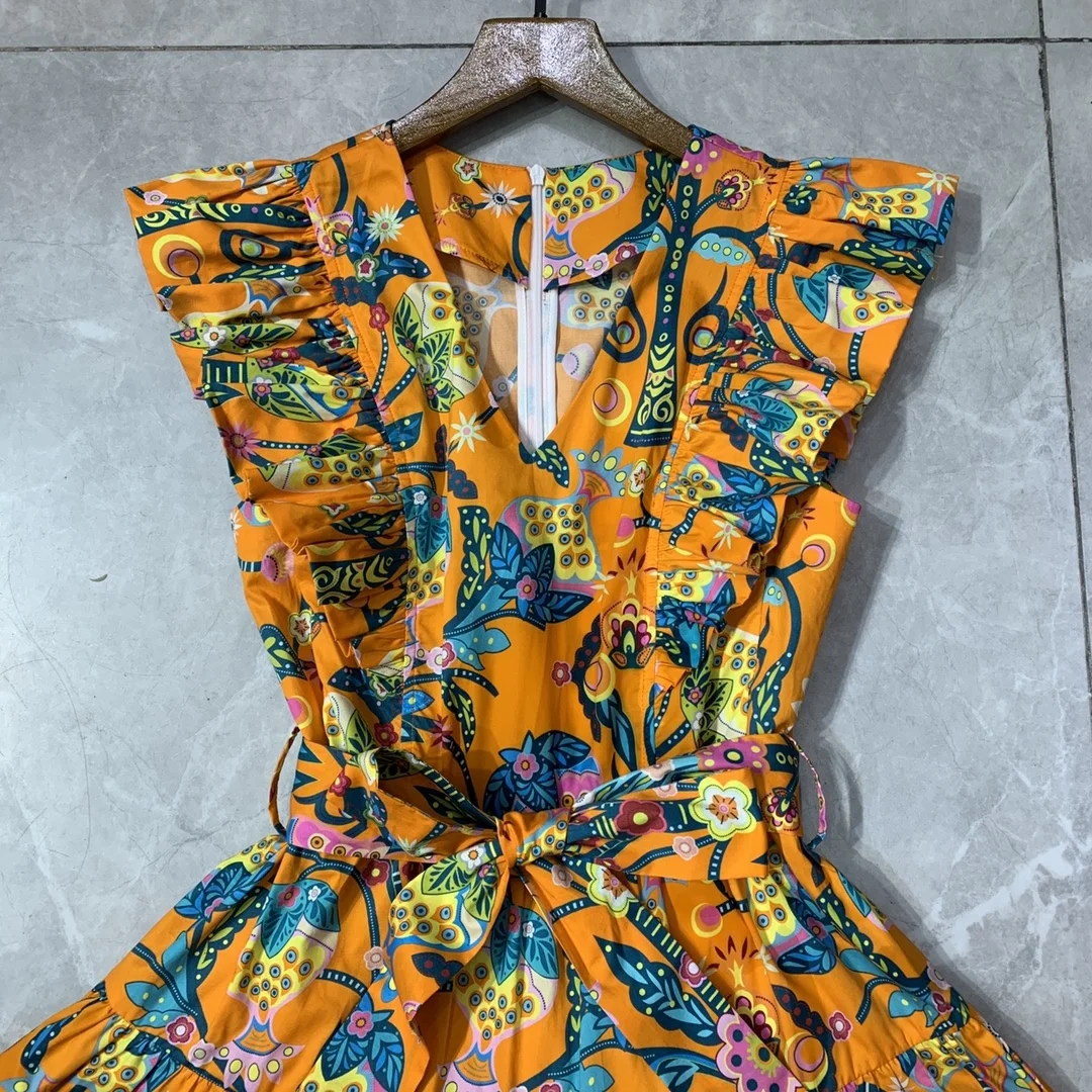 

Runway Fashion Summer 100% Cotton Holiday Dresses Women's Sleeveless Colorful Flower Print Tied Waist Boutique Vestido