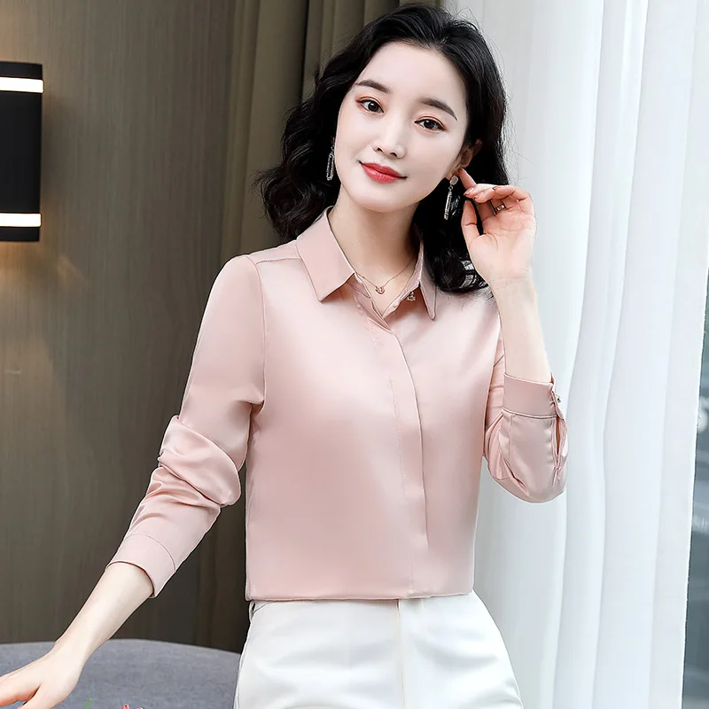 

Korean Silk Women Shirts Women Long Sleeve Blouse Shirt Top Plus Size Woman Satin White Shirts Elegant Woman Basic Shirt Top 3XL