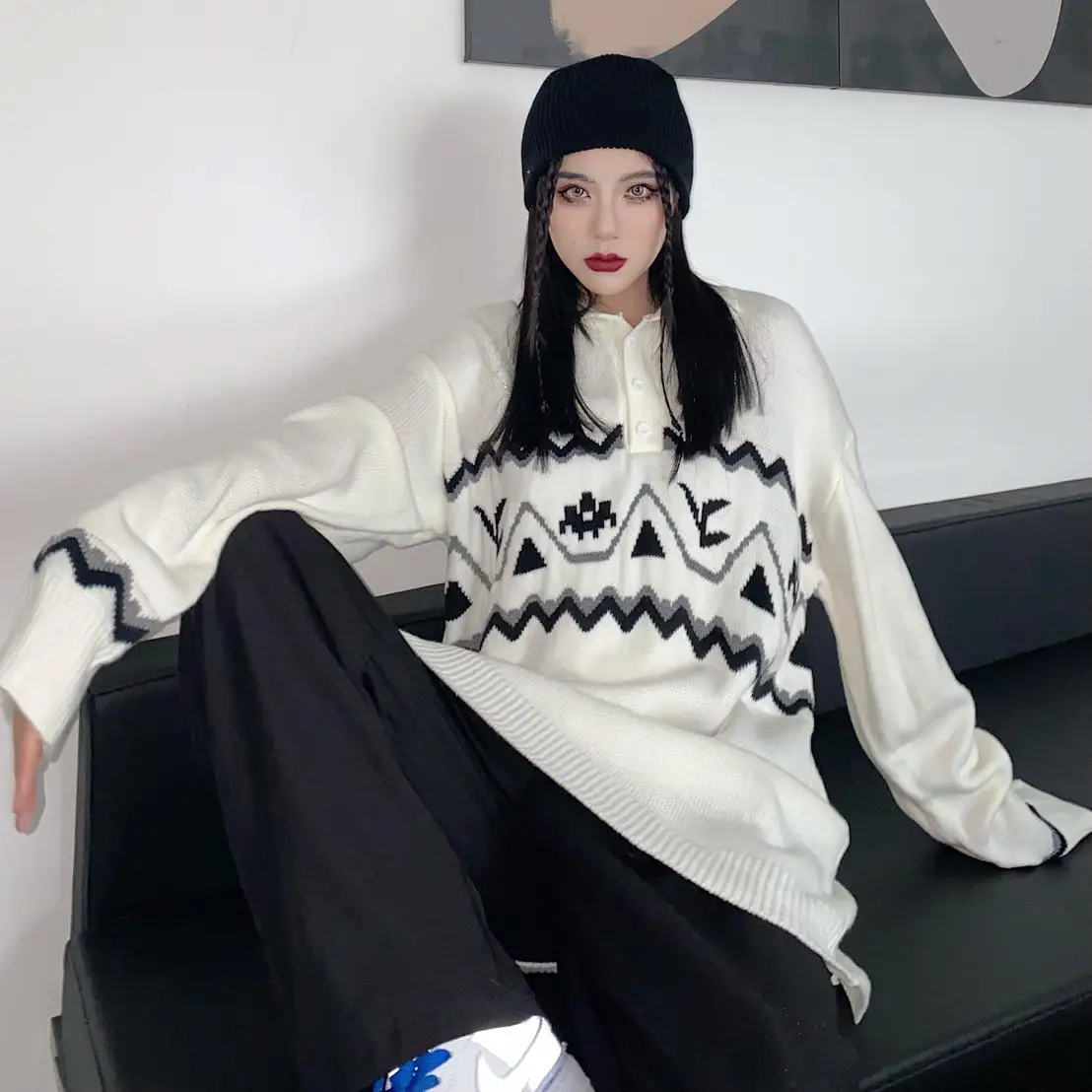 

Уличная одежда в стиле хип-хоп, женские свитера-поло оверсайз, Осенний винтажный свободный зимний свитер, вязаный кардиган макси на пуговиц...